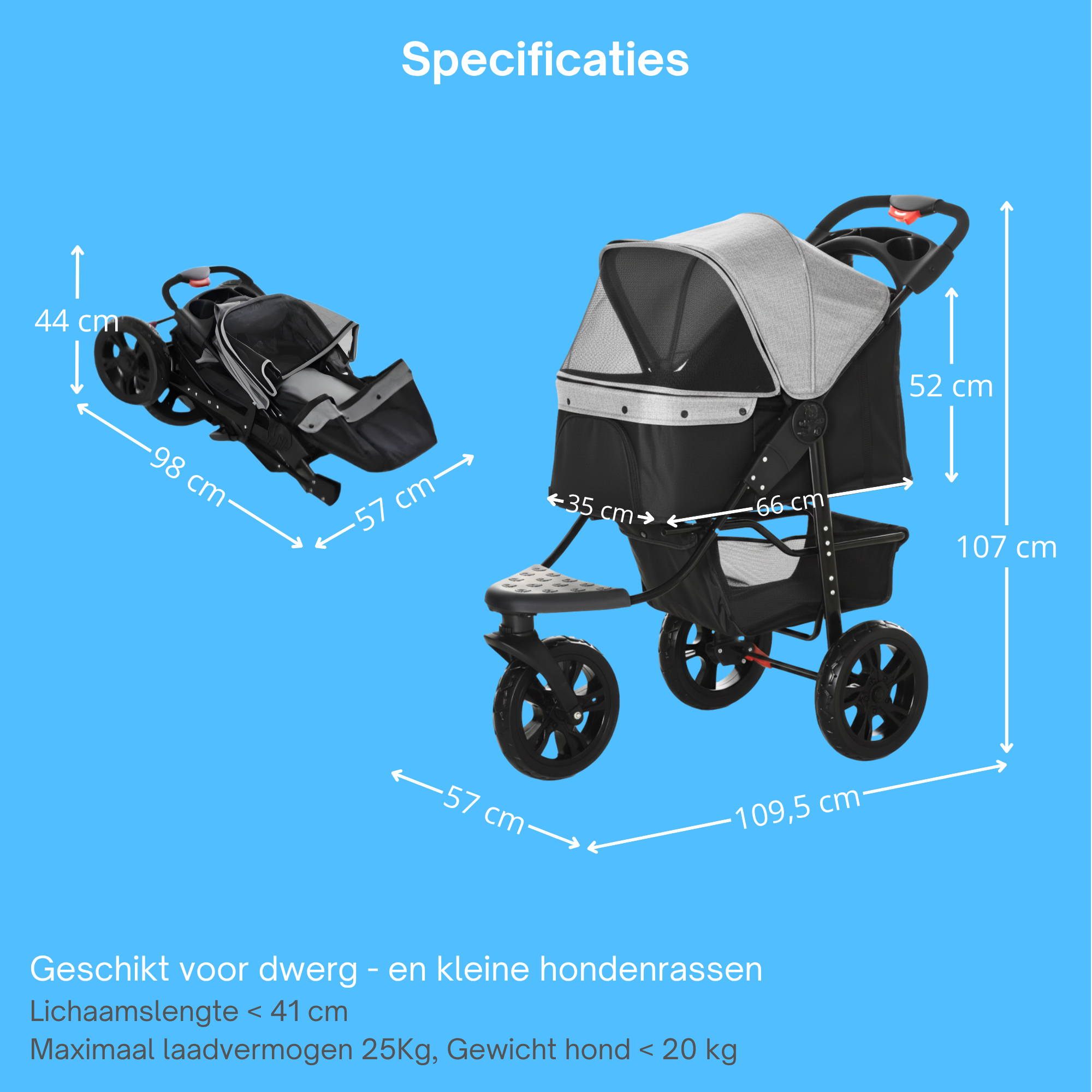 Opvouwbare hondenbuggy met verstelbare kap en opbergruimte – grijs/zwart – 110×58×107 cm | Zenzee in gebruik en opgevouwen