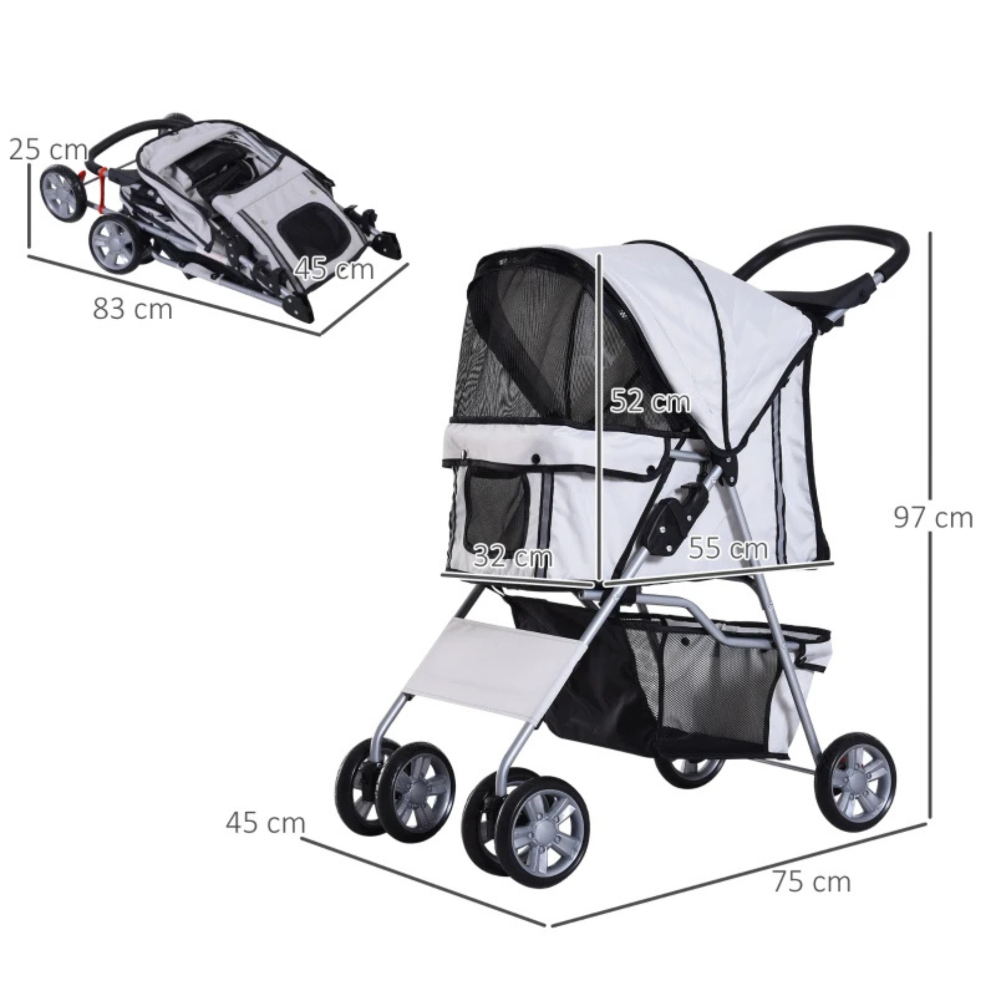 Hondenbuggy opvouwbaar grijs 75x45 cm – veilig hondenvervoer met vaste wielen en comfortabele draagruimte voor kleine honden