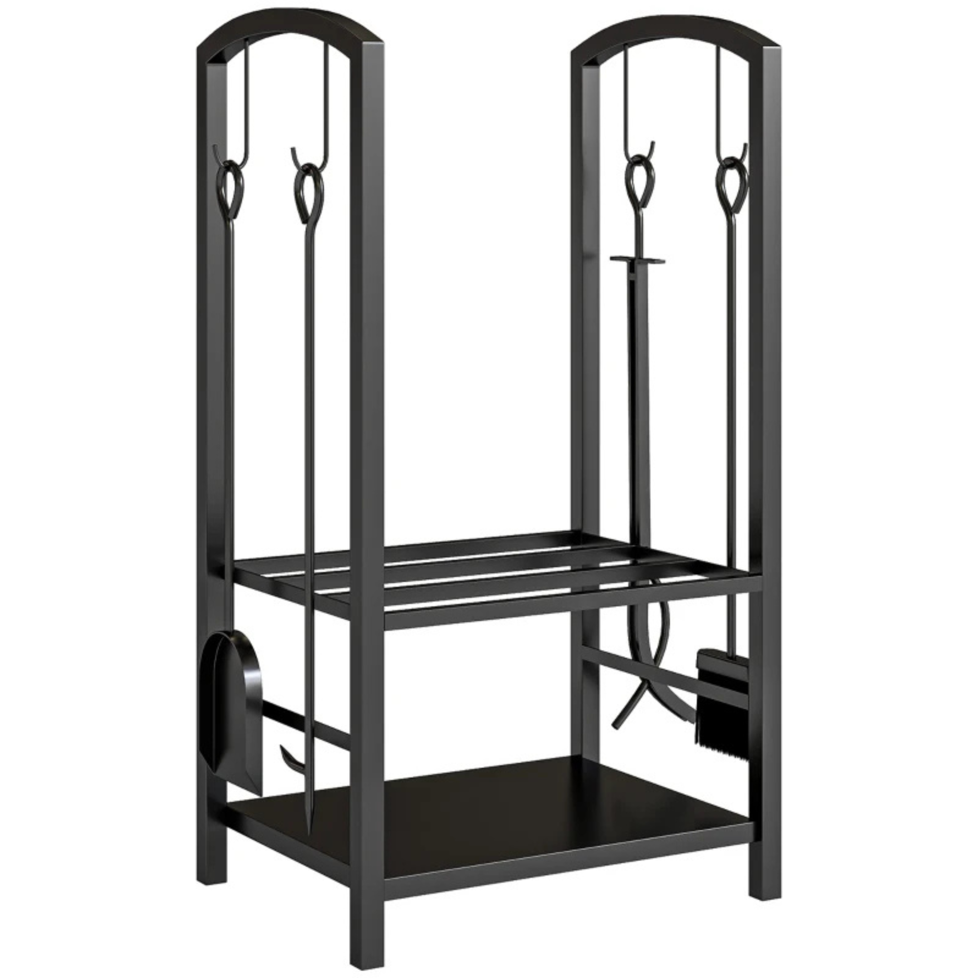 Zwart modern houtrek voor brandhout en haardhout 40x30x74 cm met praktische haardaccessoires en strak design