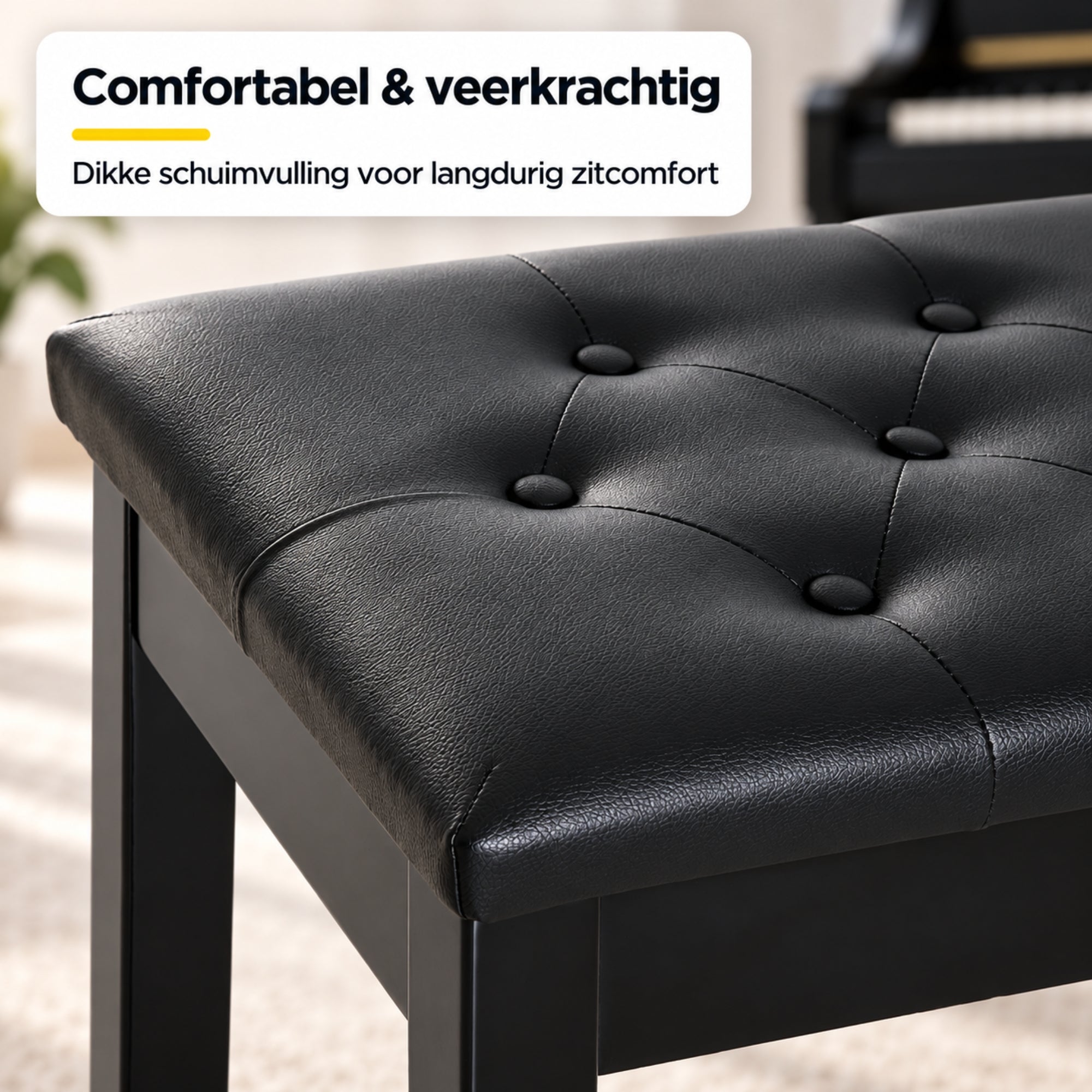 Zwarte pianobank met opbergruimte – klassiek design en zitcomfort met zachte kunstlederen zitting en dikke schuimvulling