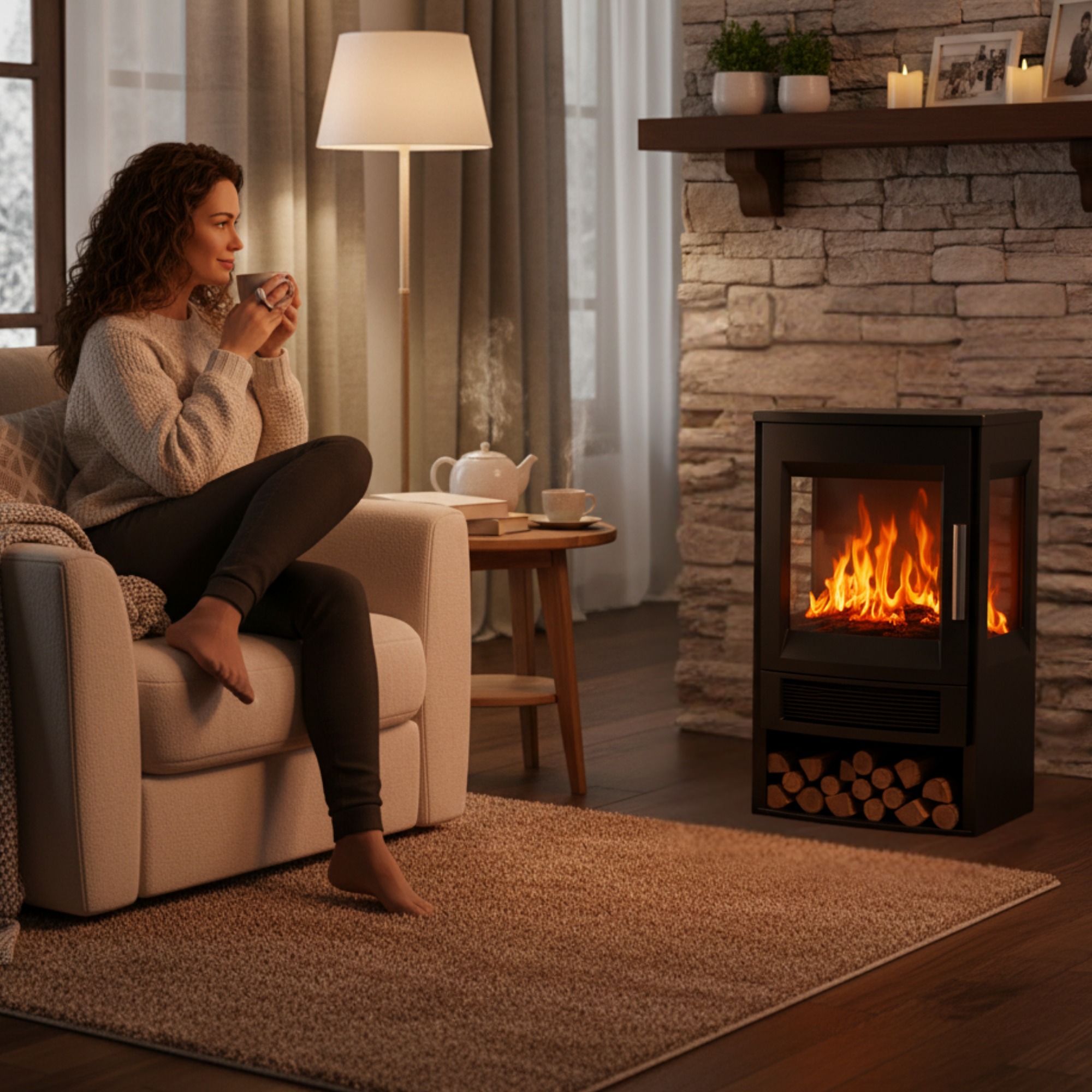 Vrouw in woonkamer genietend van warme sfeer bij Zwarte elektrische sfeerhaard 1800W – met wifi-app en afstandsbediening