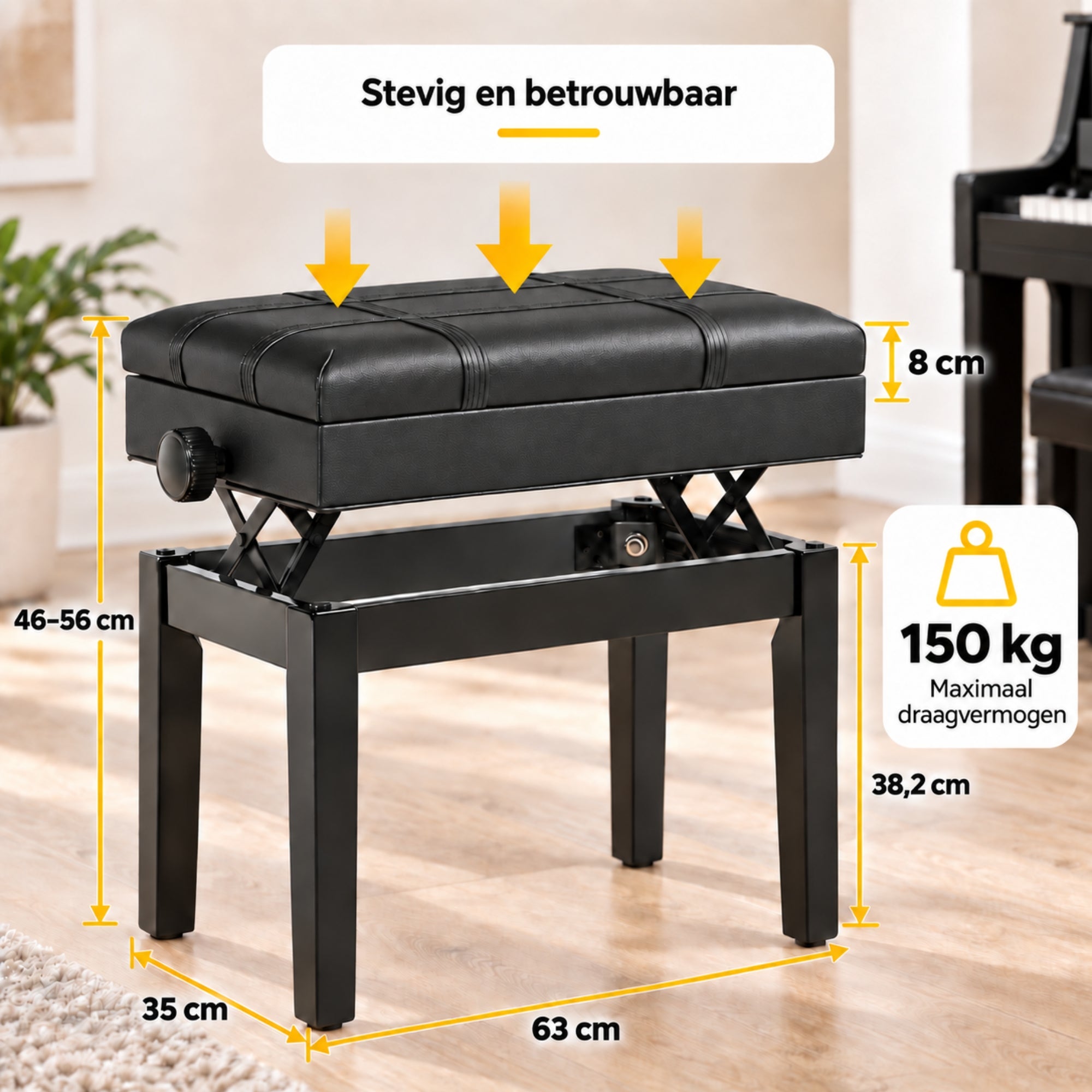 Afmetingen zwarte pianokruk verstelbaar met opbergruimte en comfortabel design voor optimale zithouding en praktische opslag onder de zitting