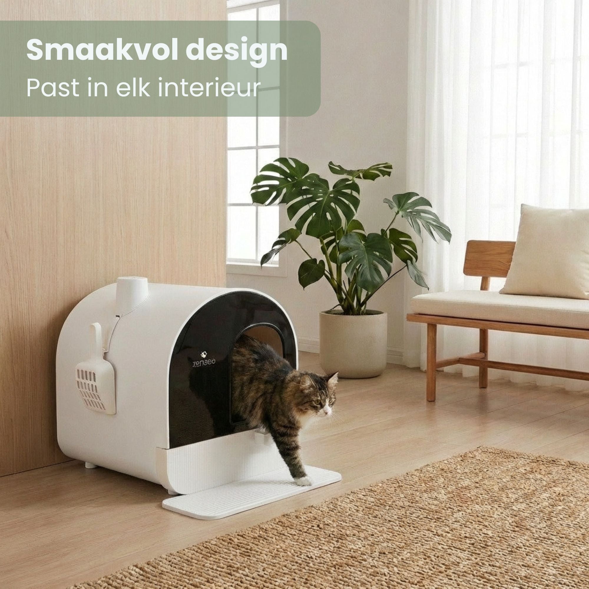 Witte kattenbak met uitneembare lade, kattenbakmat & schepje – hygiënisch design | Zenzee in modern interieur met kat erbij