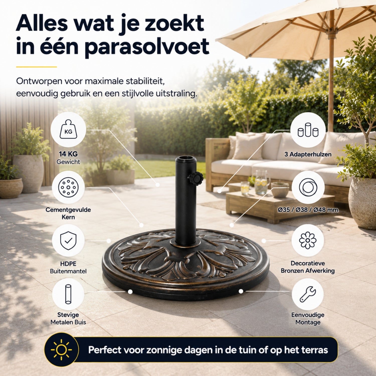 Klassieke parasolvoet in bronskleur – 14 kg, ø48 x 34 cm voor stevige ondersteuning