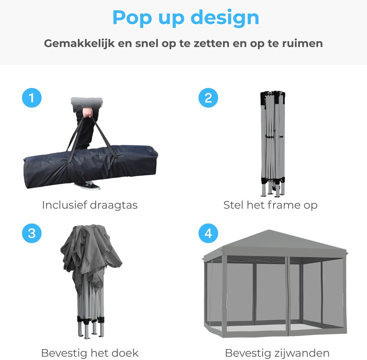 Easy-up partytent grijs 3x3 m met draagtas en stalen frame