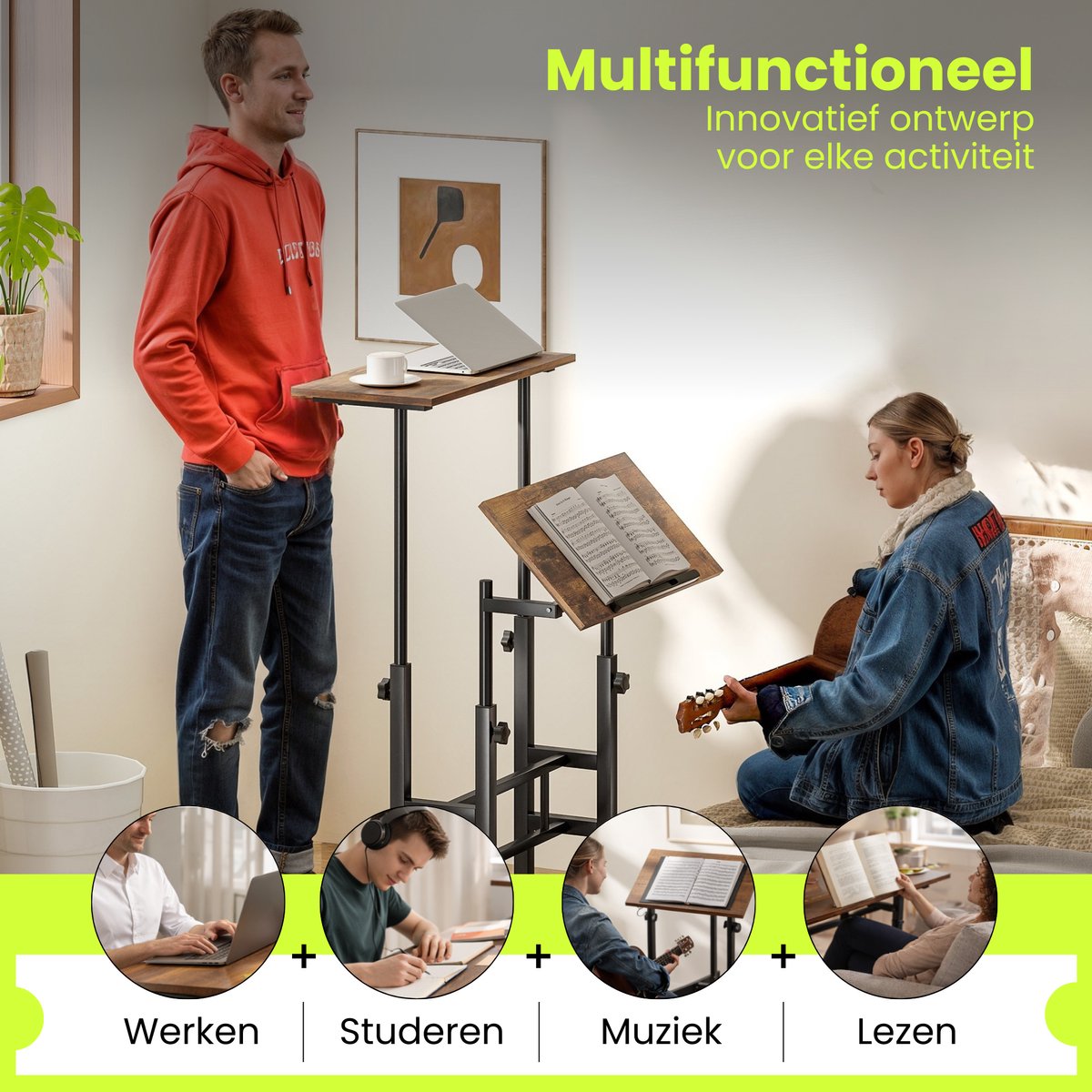 Zit sta bureau verrijdbaar voor thuiswerken met kantelbaar blad bruin voor flexibel gebruik bij werken en studeren