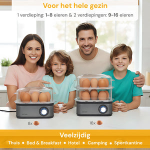 Elektrische Eierkoker voor 16 Eieren met Timer en RVS Behuizing | Zenzee met twee lagen voor flexibel en snel koken