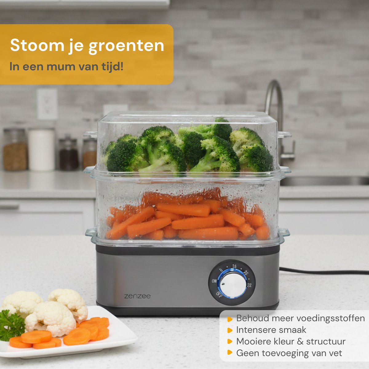 Elektrische Eierkoker voor 16 Eieren met Timer en RVS Behuizing | Zenzee in twee lagen voor stomen en flexibel gebruik