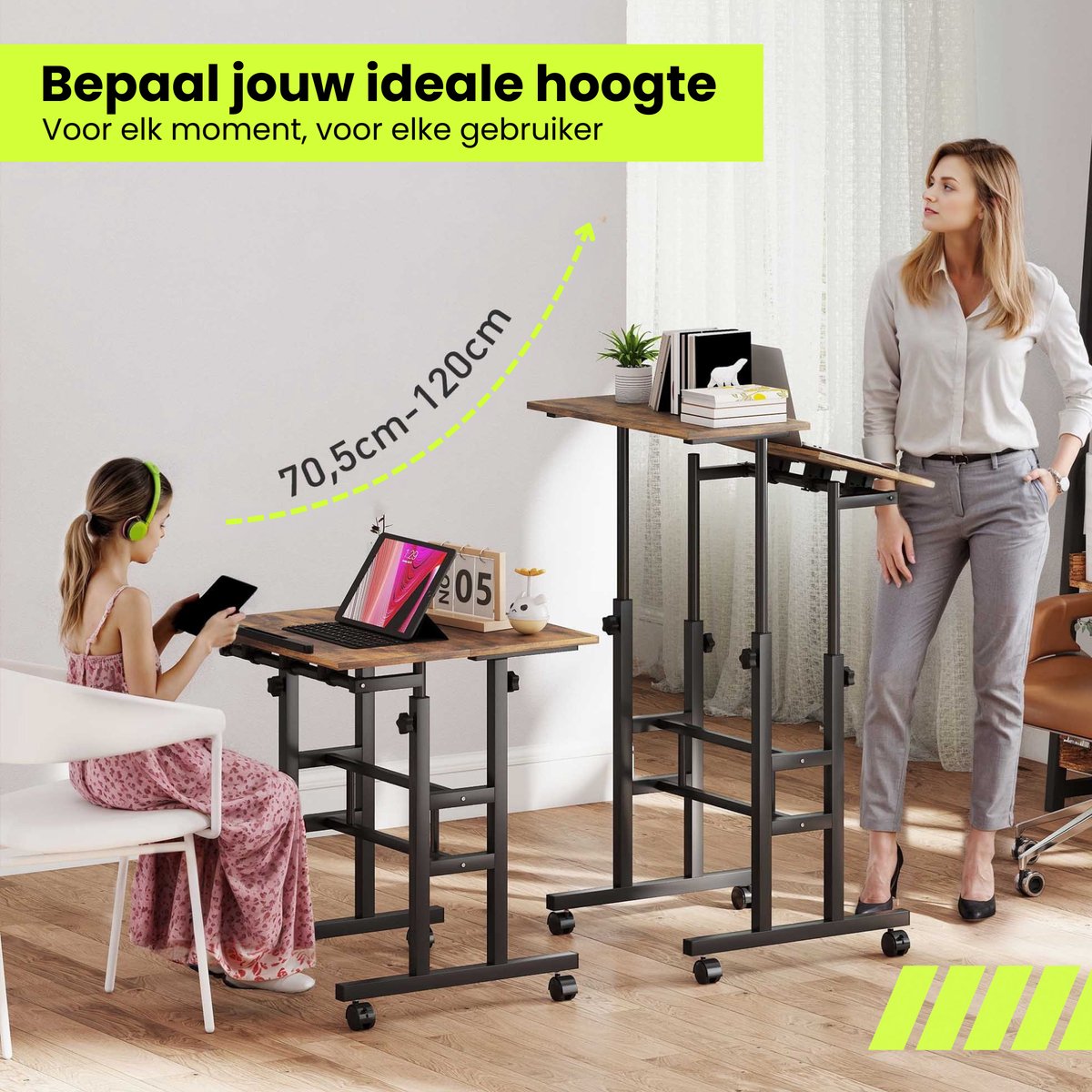 Zit sta bureau verrijdbaar voor thuiswerken met kantelbaar blad bruin en verstelbare hoogte van 70,5 tot 120 cm