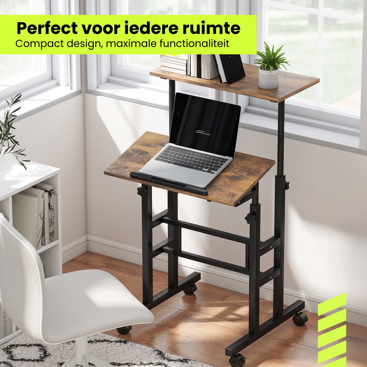 Zit sta bureau verrijdbaar voor thuiswerken met kantelbaar blad bruin en verstelbare hoogte voor ergonomisch gebruik