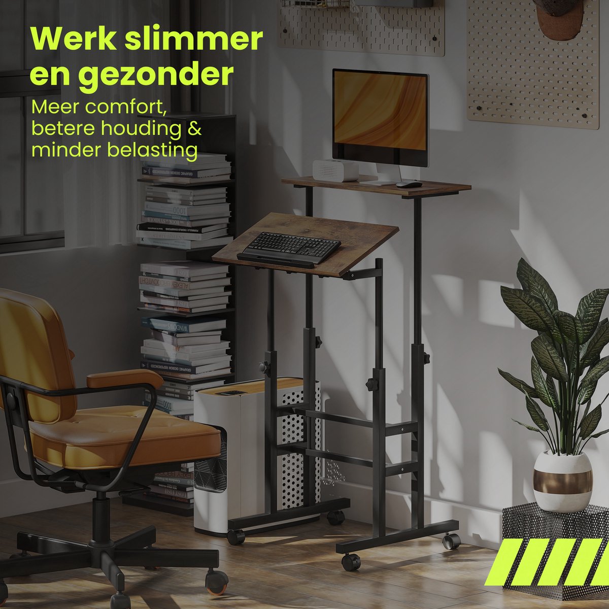 Zit sta bureau verrijdbaar voor thuiswerken met kantelbaar blad bruin en verstelbare hoogte voor betere werkhouding