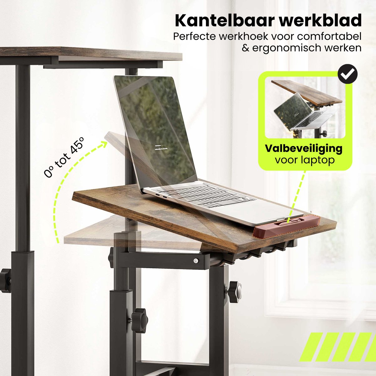 Zit sta bureau verrijdbaar voor thuiswerken met kantelbaar blad bruin en valbeveiliging voor ergonomisch werken