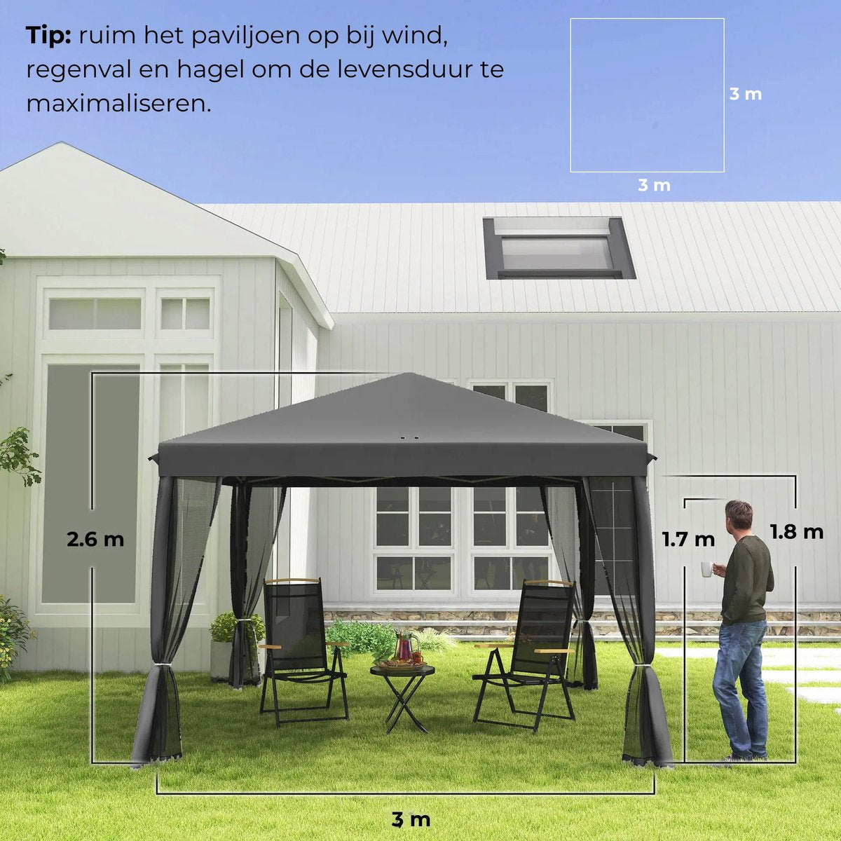 Easy-up partytent grijs 3x3 m met draagtas en stalen frame