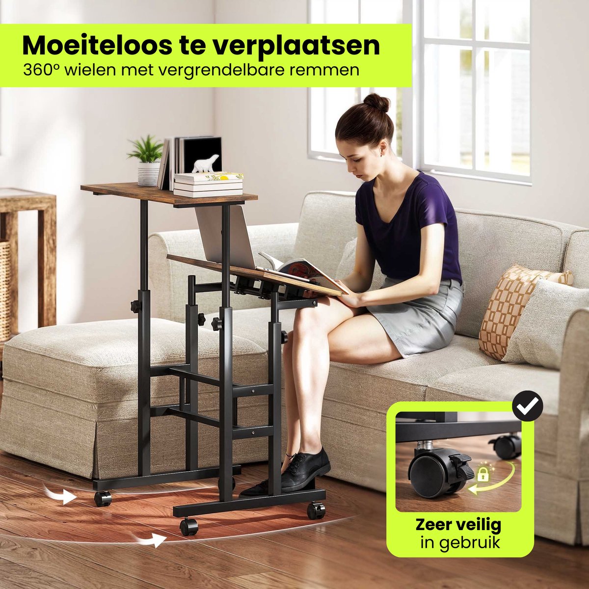 Zit sta bureau verrijdbaar voor thuiswerken met kantelbaar blad bruin en 360° wielen met remmen voor stabiliteit