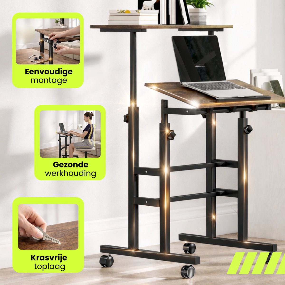 Zit sta bureau verrijdbaar voor thuiswerken met kantelbaar blad bruin en verstelbare hoogte tot 120 cm