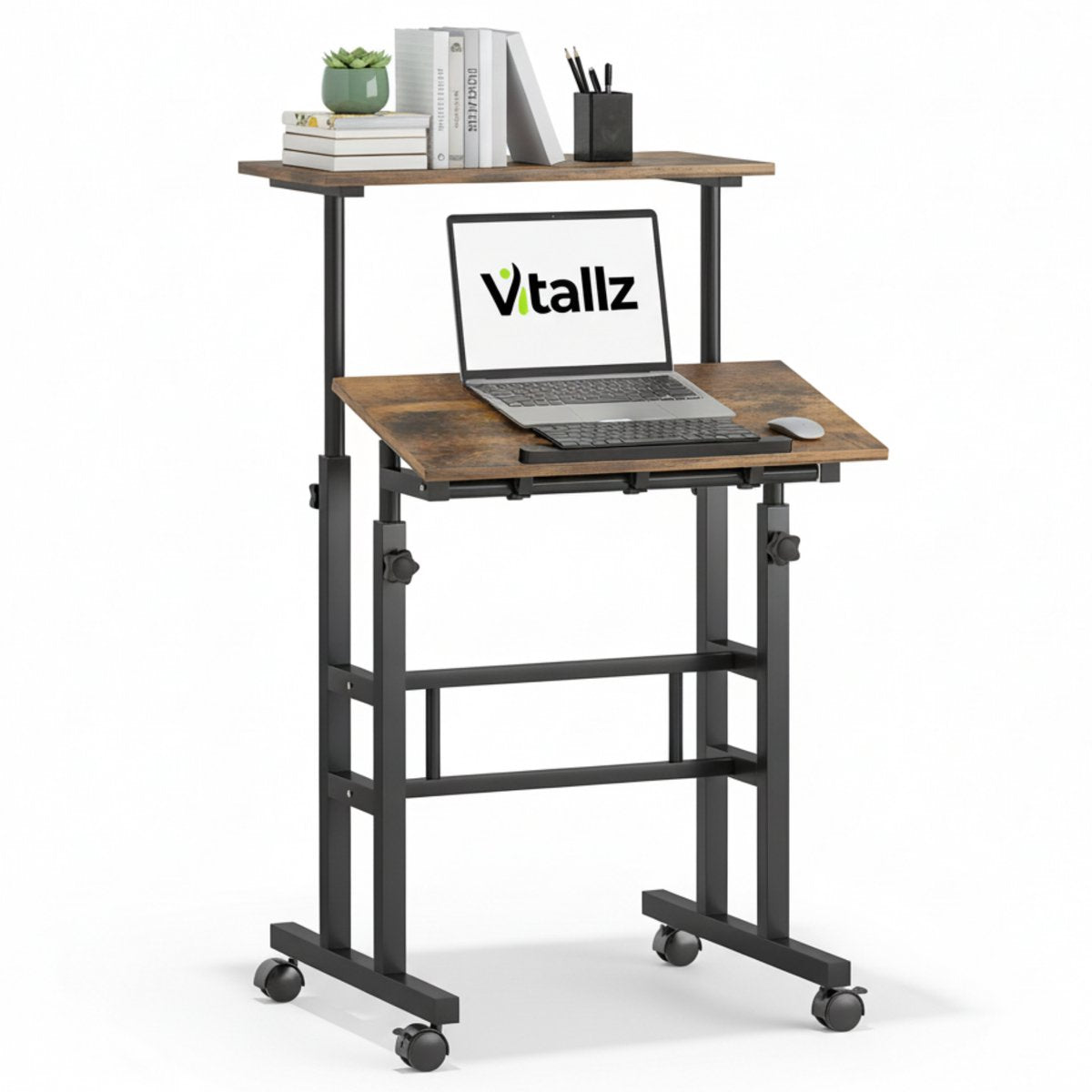 Zit sta bureau verrijdbaar voor thuiswerken met kantelbaar blad bruin en verstelbare hoogte voor ergonomisch gebruik