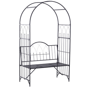 Tuinbank met rozenboog 115 x 59 x 203 cm zwart gelakt metalen frame, romantisch en stabiel voor tuin en terras