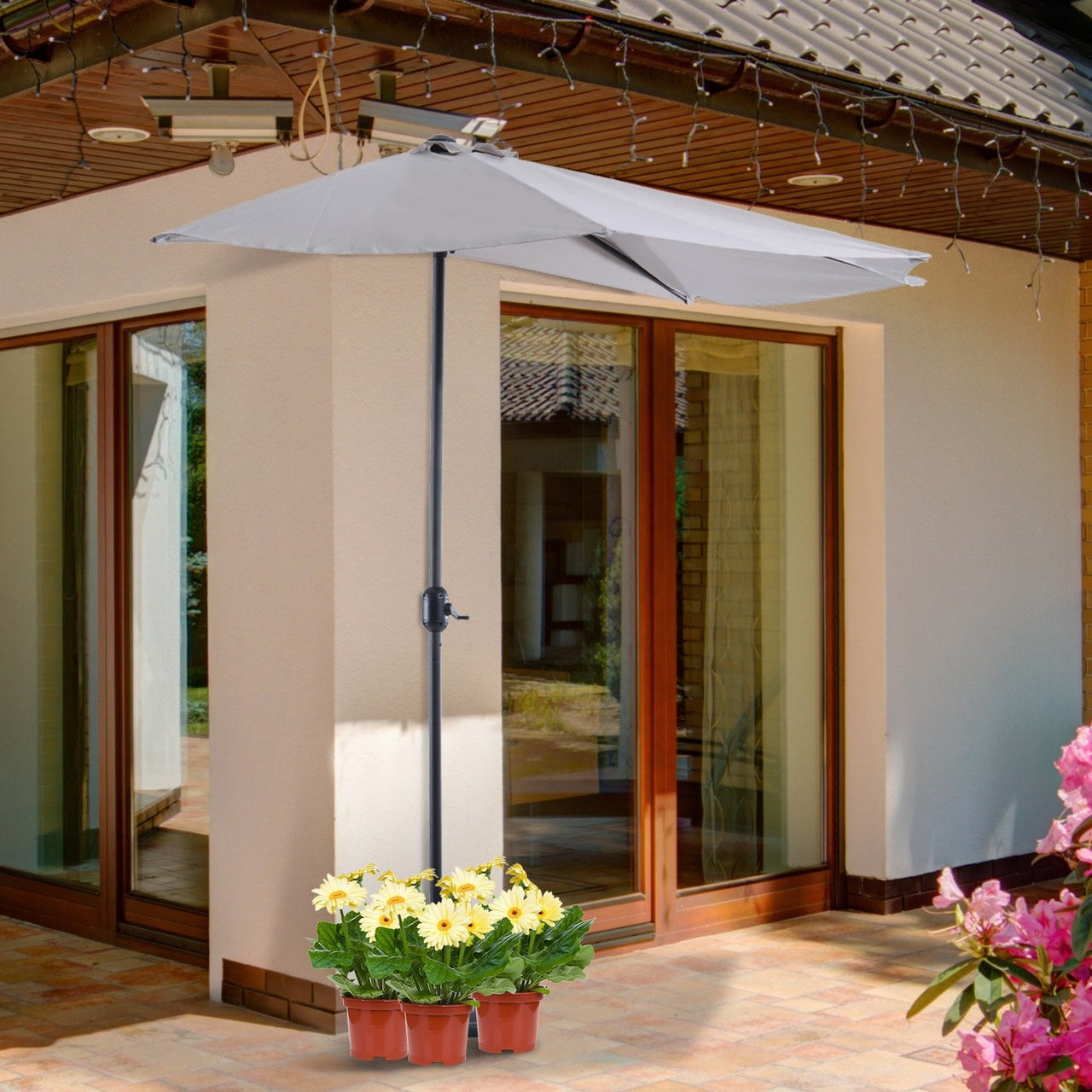 Halfronde balkonparasol met handslinger grijs 150 cm