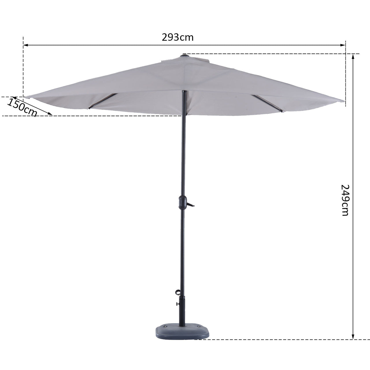 Halfronde balkonparasol met handslinger grijs 150 cm