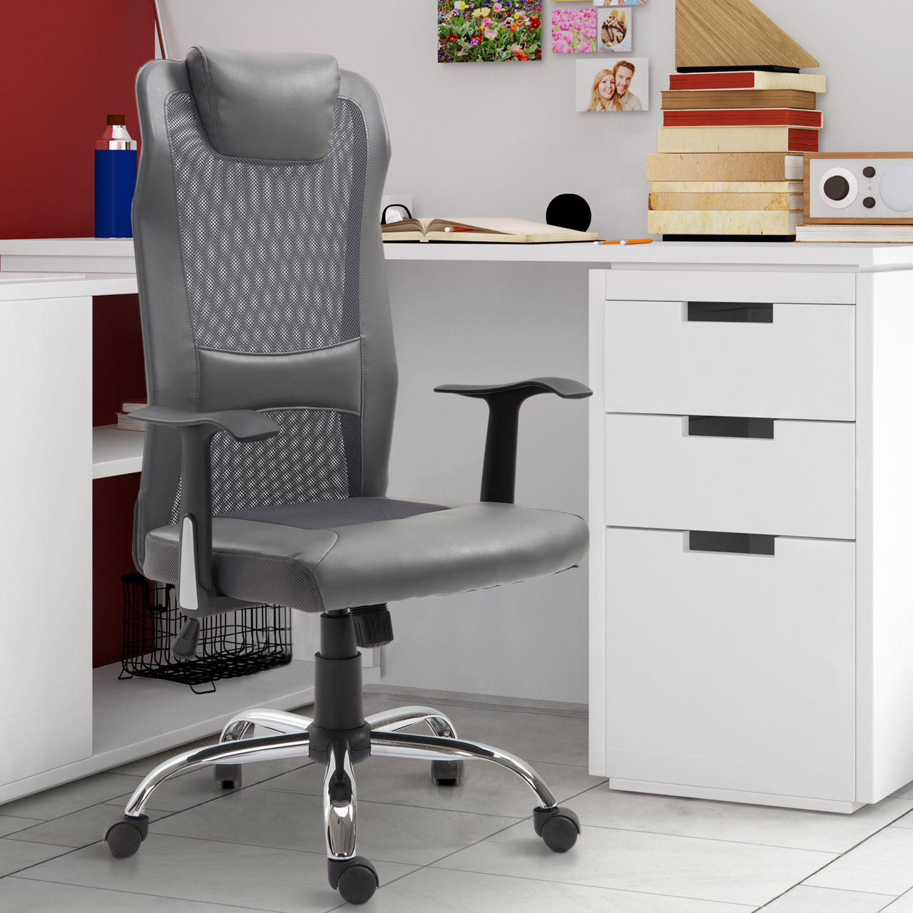 Ergonomische bureaustoel met hoofdkussen (grijs kunstleer)