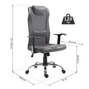 Ergonomische bureaustoel met hoofdkussen (grijs kunstleer) met verstelbare zithoogte en armleuningen, maximaal 120 kg