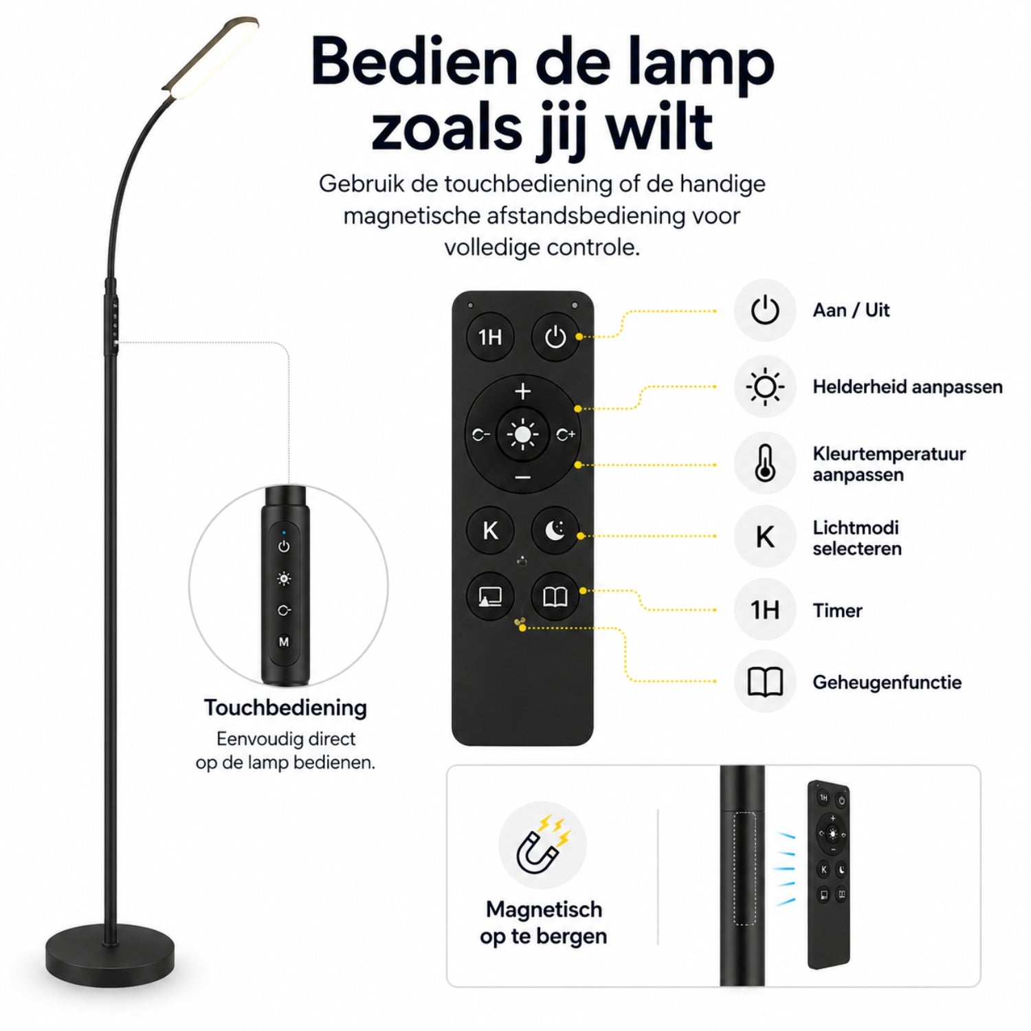Dimbare LED vloerlamp voor woonkamer met afstandsbediening en geheugenfunctie zwart | Zenzee