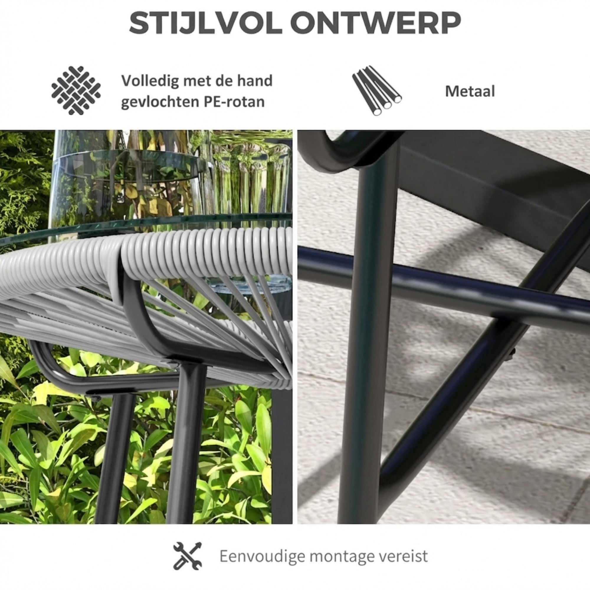 Ronde boho tuintafel grijs – 50×50×50 cm bijzettafel voor buiten met handgeweven grijze PE rotan en stevig metalen frame, ideaal voor tuin en terras.
