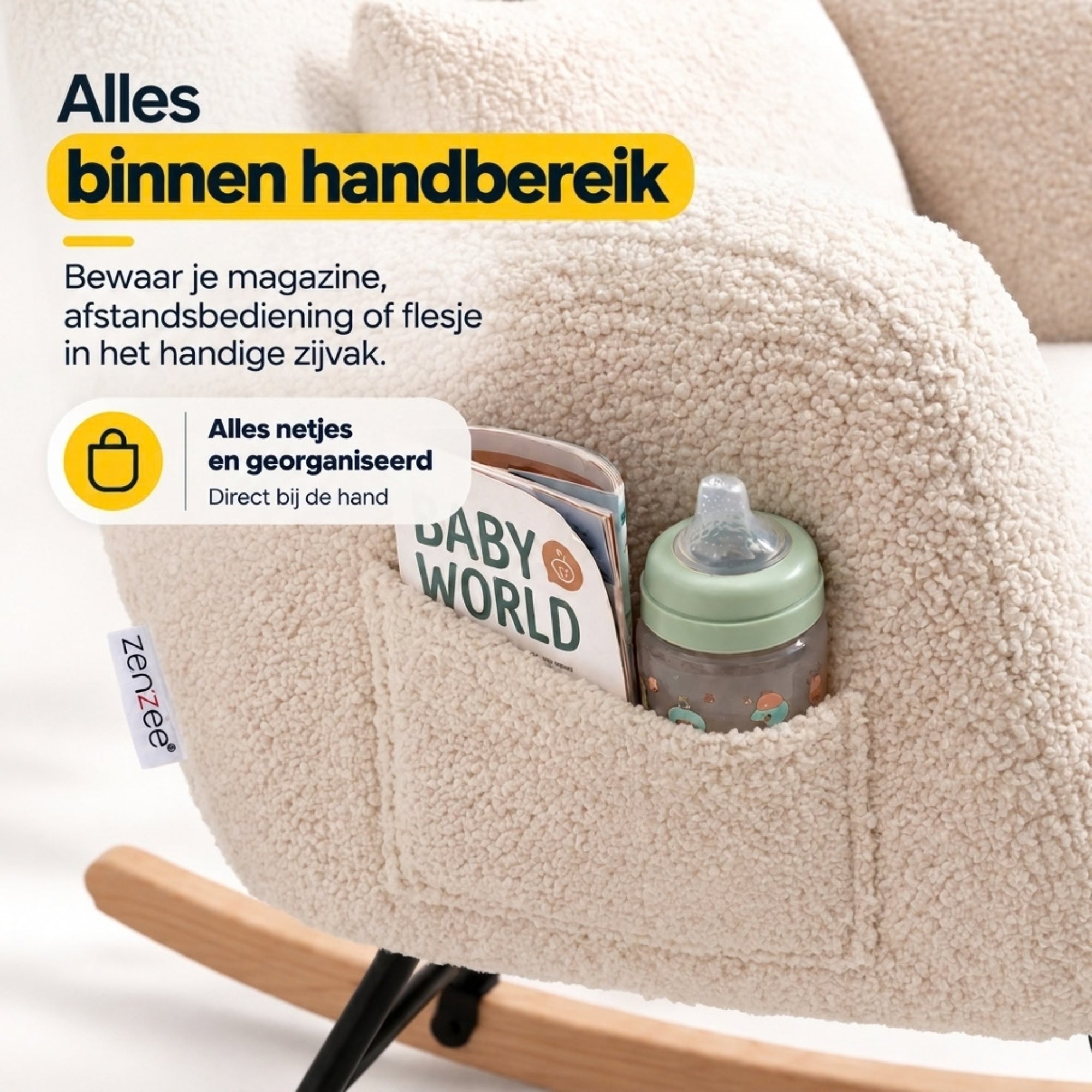 Comfortabele Schommelstoel met kussen en zijvak roomwit/beige | Zenzee met tijdschrift en fles binnen handbereik