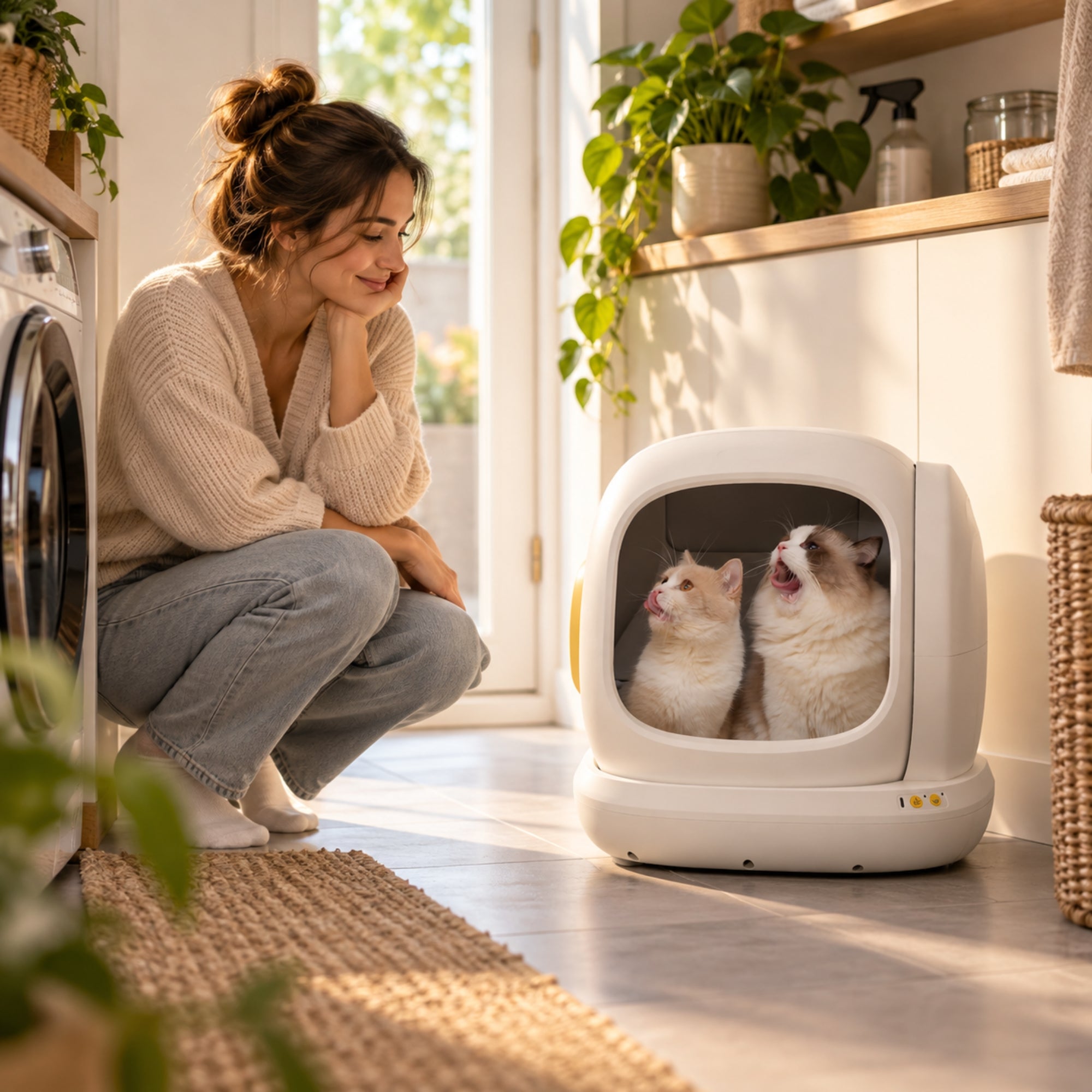 UBPet C20 automatische kattenbak – met app-bediening en dubbele geurverwijdering in een bijkeukenmet katten en vrouwelijk baasje erbij
