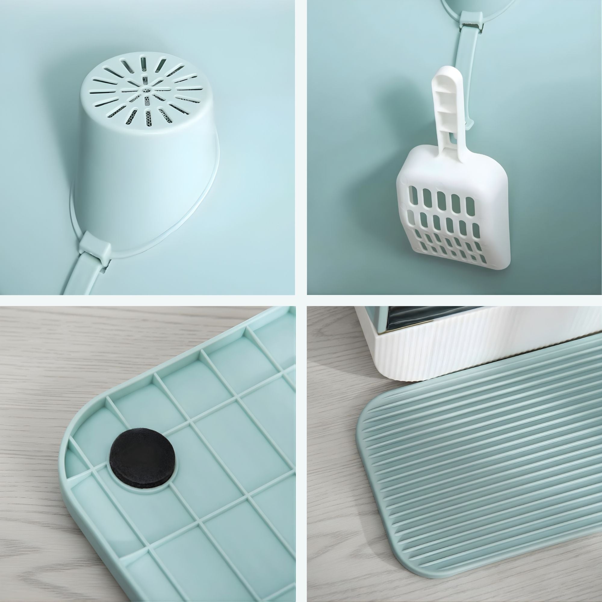 Praktische kattenbak met uitneembare lade, kattenbak mat en schep compleet Groen | Zenzee met accessoires en antislip mat