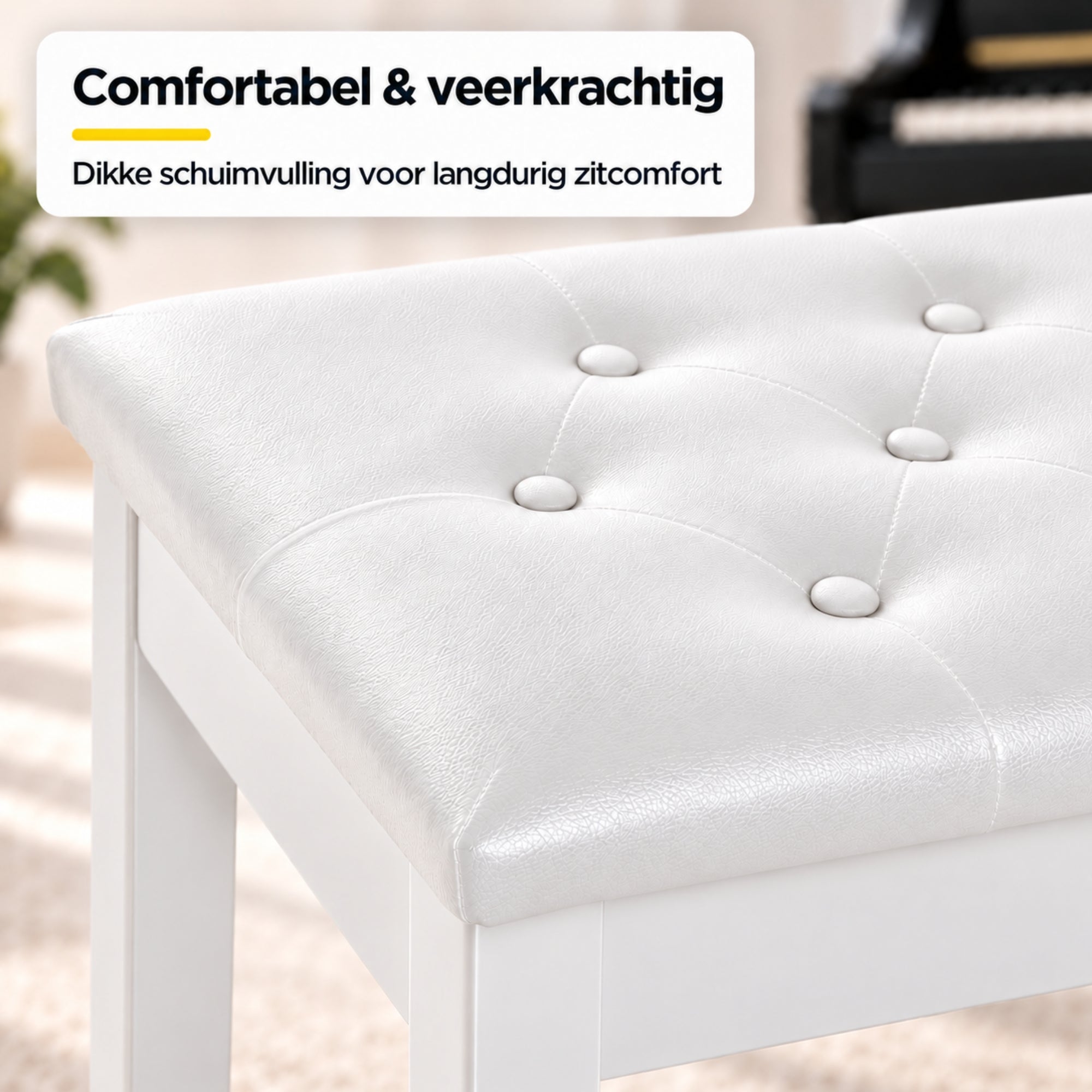Klassieke witte pianokruk met opbergruimte – stijlvol en praktisch met comfortabele gewatteerde zitting van synthetisch leer