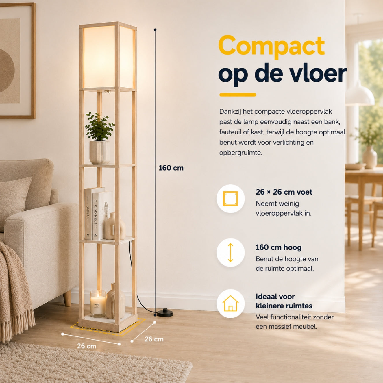 Moderne vloerlamp met opbergruimte 160 cm wit/eiken