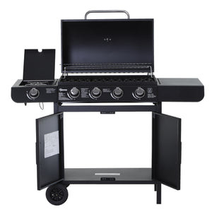 Gasbarbecue BBQ grill 5 branders zwart met zijbrander en opbergruimte voor veelzijdig buiten koken en grillen