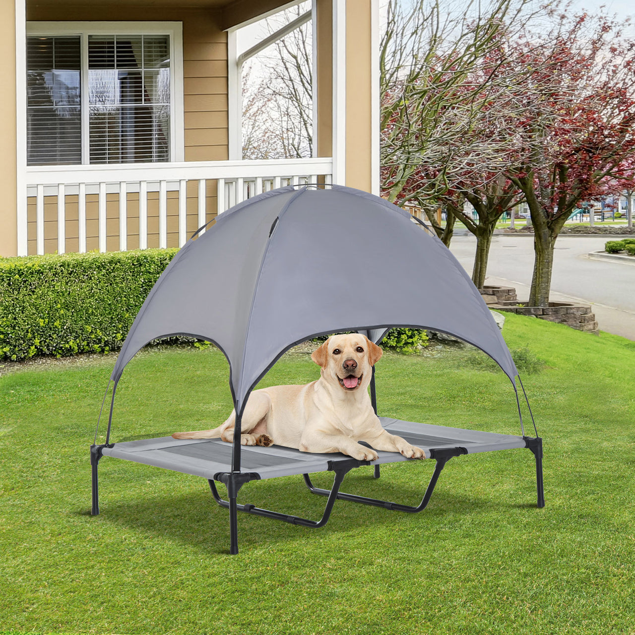 Verhoogd Hondenligbed met Zonnedak – 110×68 cm – Grijs | Zenzee