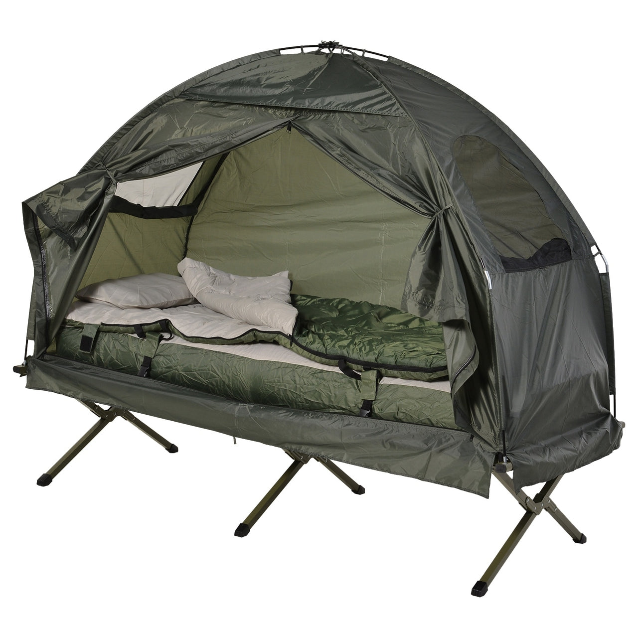 Kampeerbed met matras slaapzak tent groen opvouwbaar 193x78x118 cm