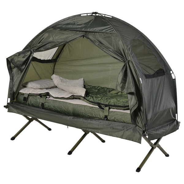 Kampeerbed met matras slaapzak tent groen opvouwbaar 193x78x118 cm