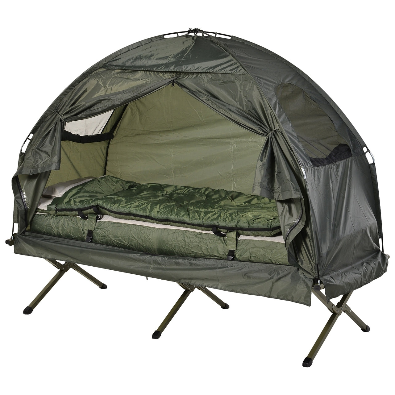 Kampeerbed met matras slaapzak tent groen opvouwbaar 193x78x118 cm