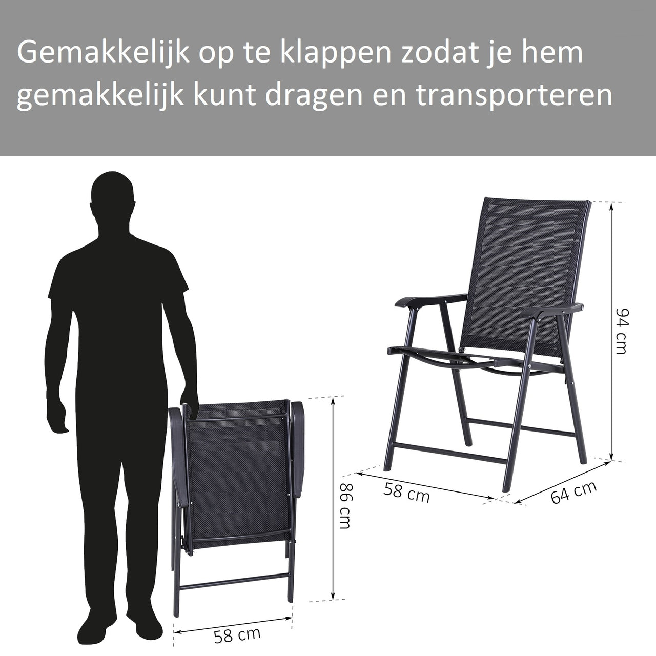 Set van 2 zwarte inklapbare tuinstoelen met armleuning – ideaal voor tuin en camping