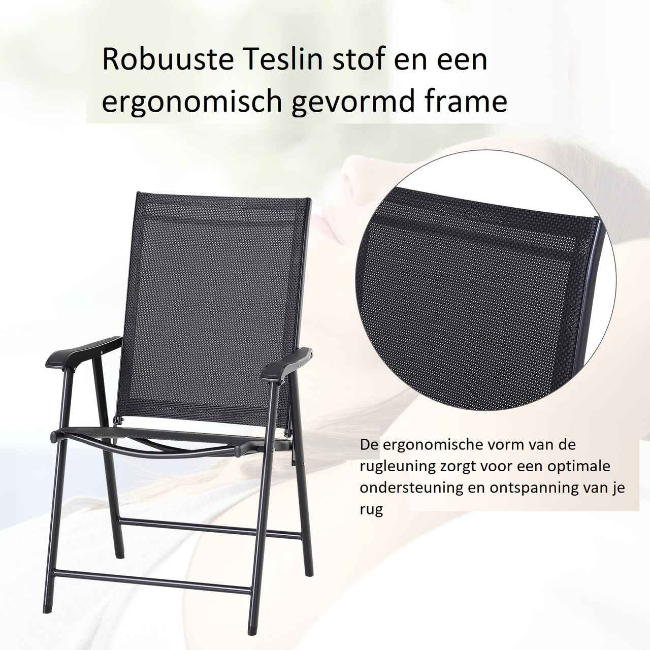 Set van 2 zwarte inklapbare tuinstoelen met armleuning – ideaal voor tuin en camping