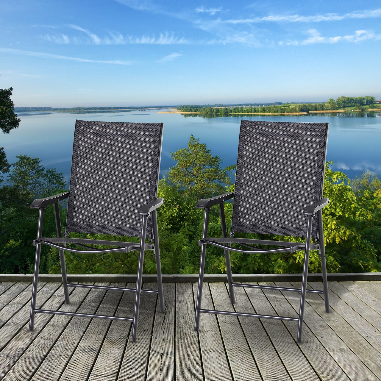 Set van 2 zwarte inklapbare tuinstoelen met armleuning – ideaal voor tuin en camping