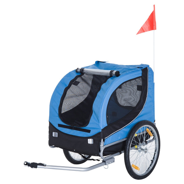 Blauw-zwarte hondenfietskar 130x90x110 cm – opvouwbaar met muggengaas en stalen frame
