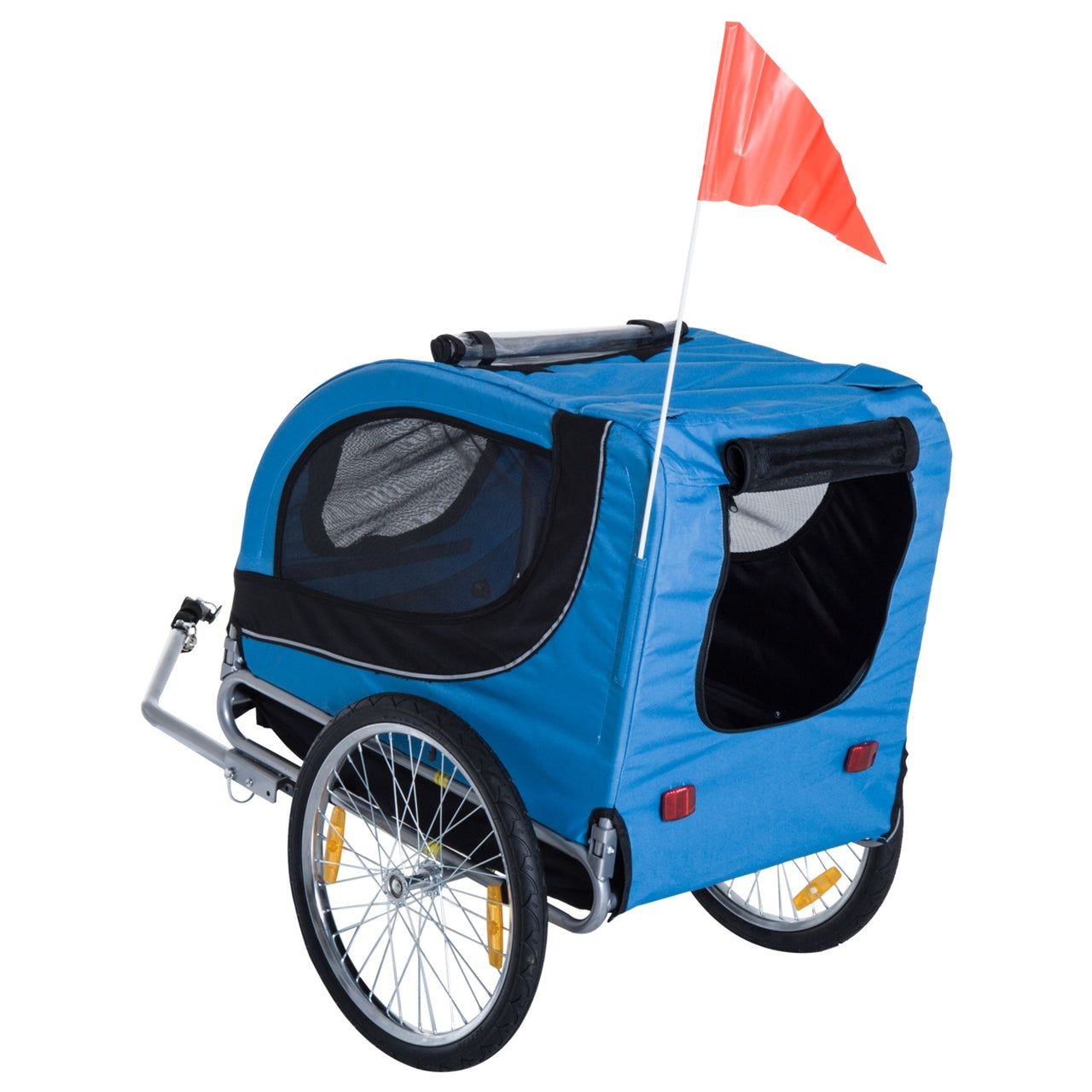 Blauw-zwarte hondenfietskar 130x90x110 cm – opvouwbaar met muggengaas en stalen frame