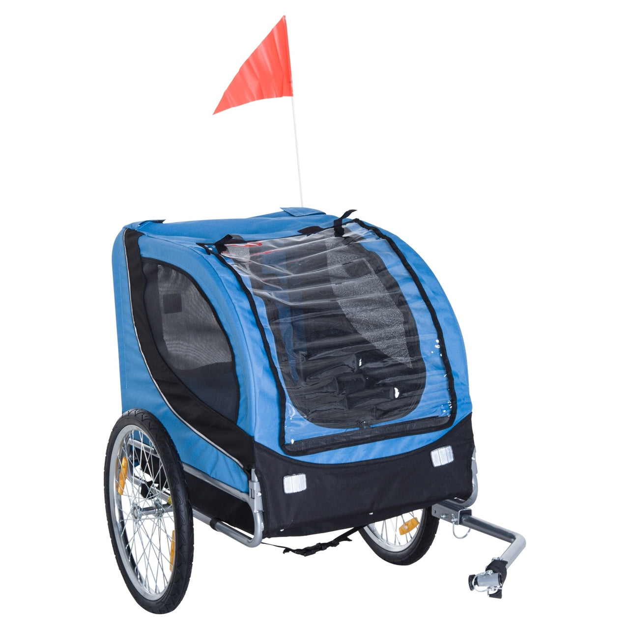 Blauw-zwarte hondenfietskar 130x90x110 cm – opvouwbaar met muggengaas en stalen frame