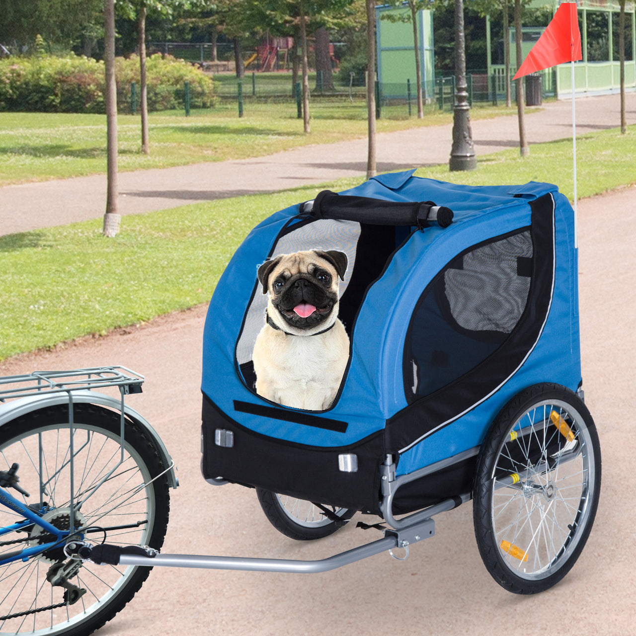 Blauw-zwarte hondenfietskar 130x90x110 cm – opvouwbaar met muggengaas en stalen frame