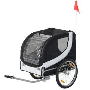 Wit-zwarte hondenfietskar 130x90x110 cm – opvouwbare trailer met luchtbanden, muggengaas en veiligheidsvlag