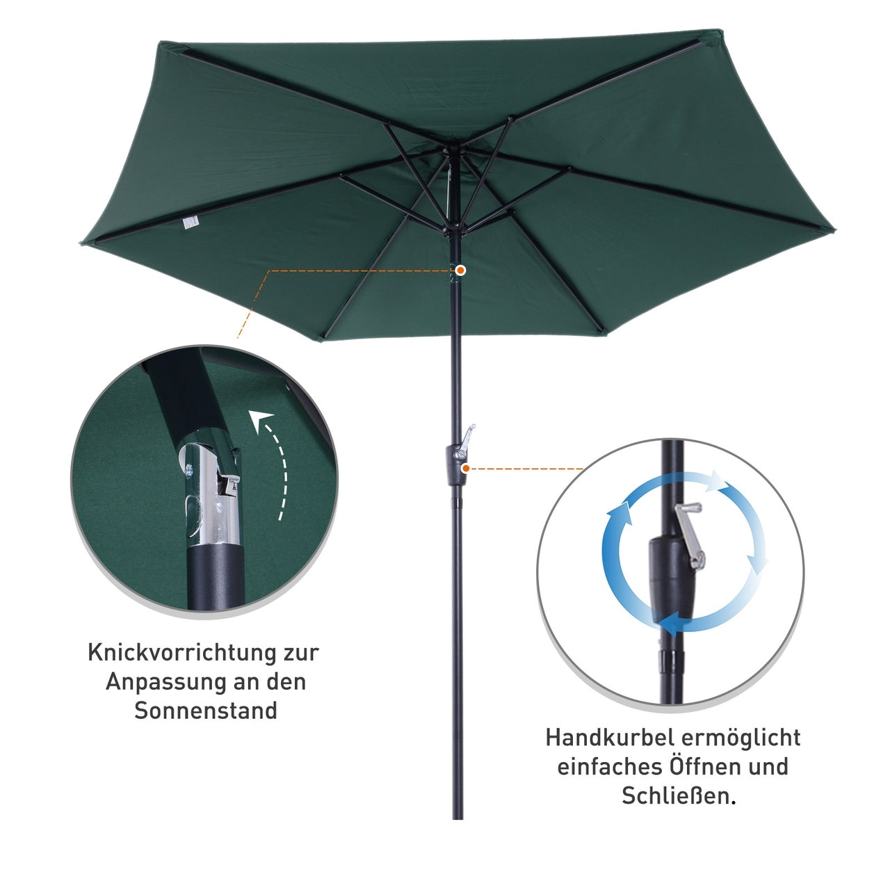Groene balkonparasol 270 cm – knikbaar en met handslinger