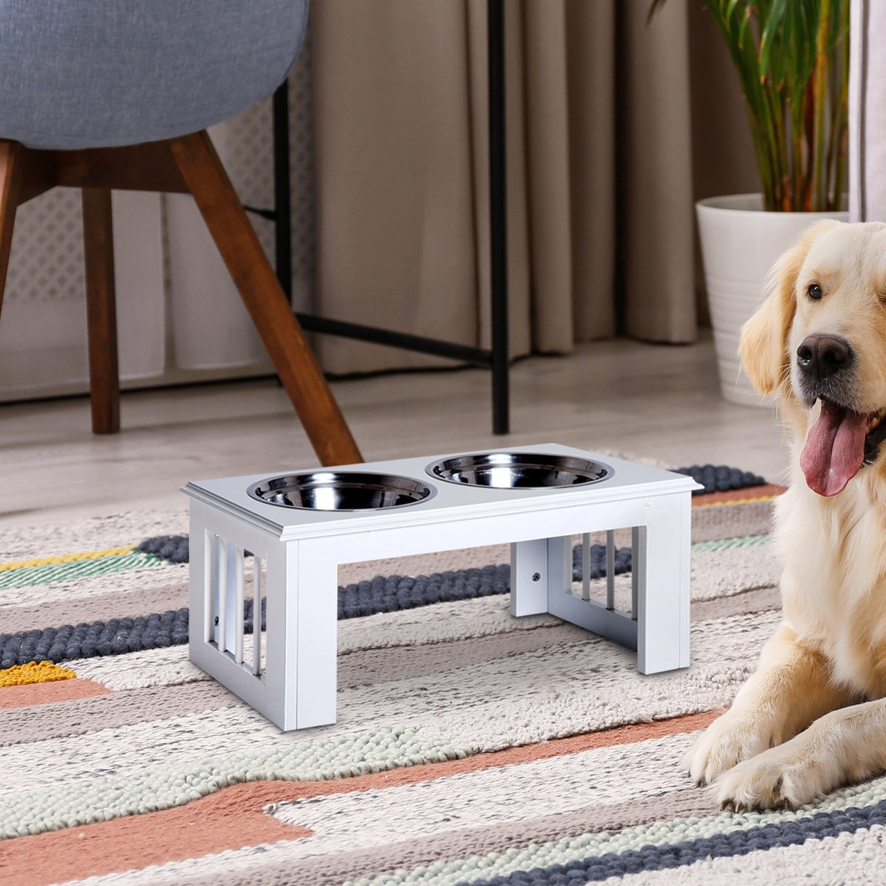 Witte verhoogde voerbak voor hond/kat L – dubbele RVS kommen