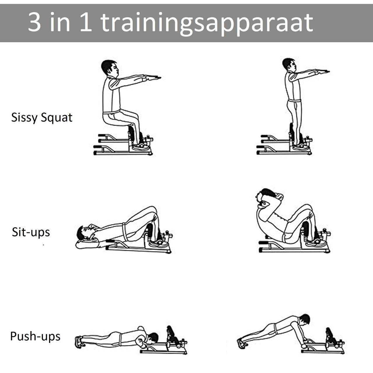 Sissy squat trainer zwart – 3-in-1 fitnessbank met push-up steunen