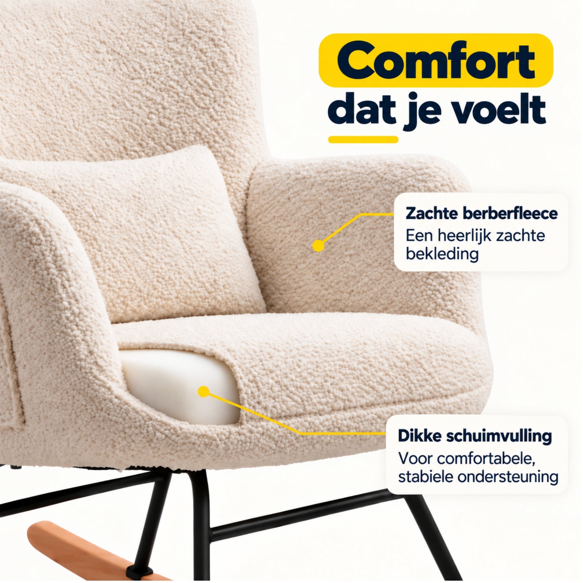 Comfortabele Schommelstoel met kussen en zijvak roomwit/beige | Zenzee met zachte berberfleece en dikke schuimvulling