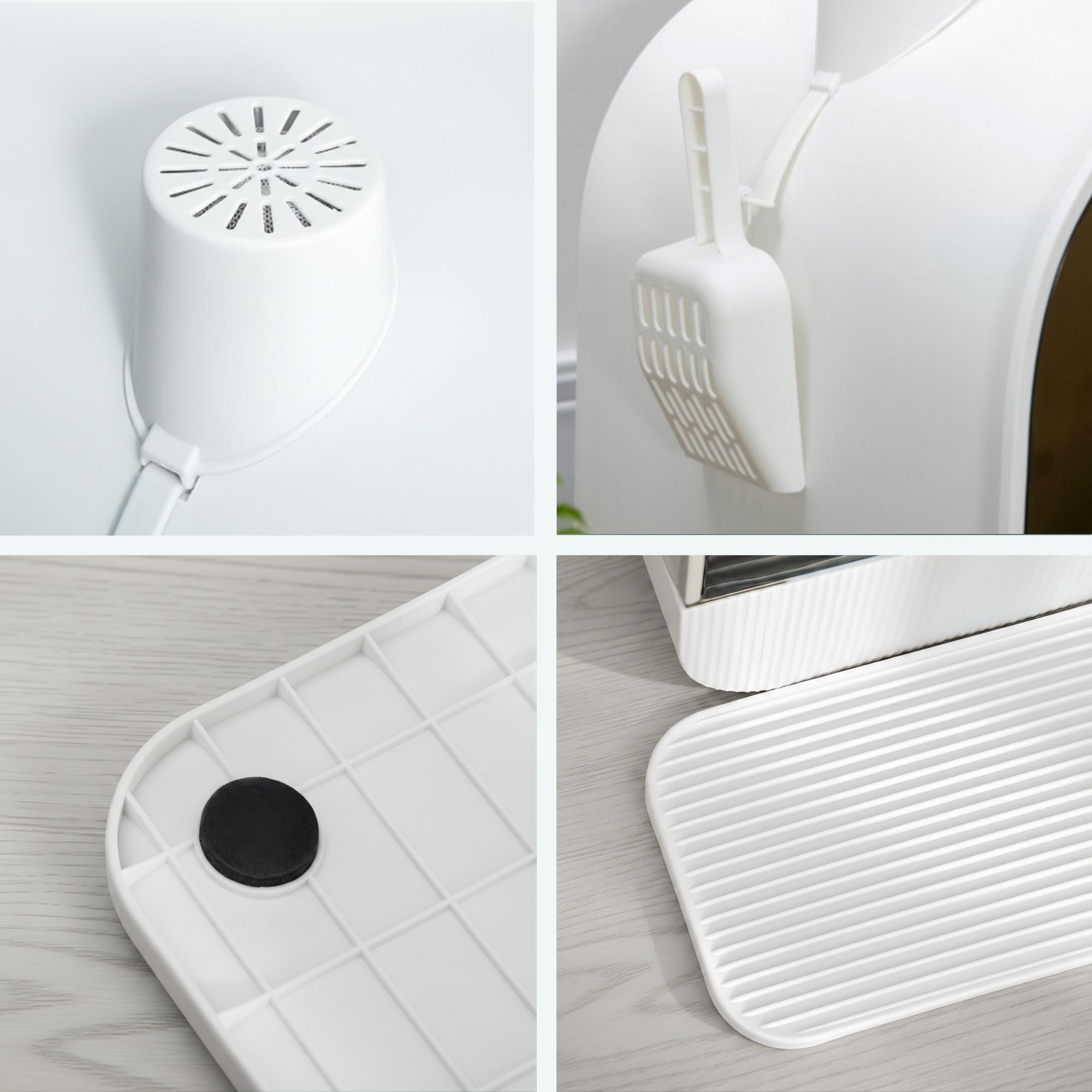 Details van Witte kattenbak met uitneembare lade, kattenbakmat & schepje – hygiënisch design | Zenzee inclusief koolstoffilter en antislipfunctie